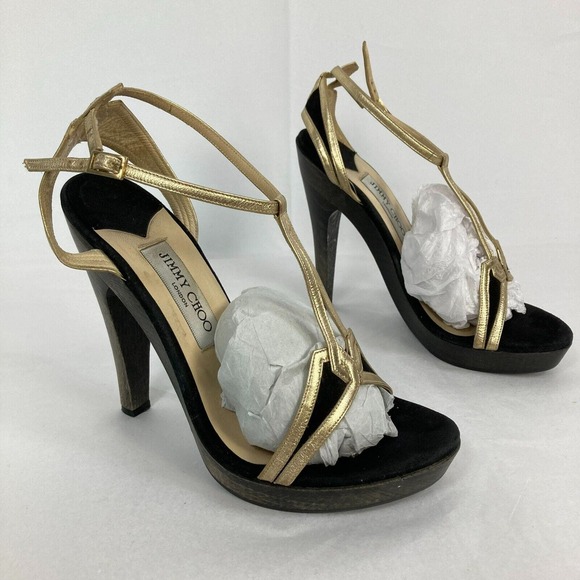 Jimmy Choo‎ Sandals Womens Sz 7.5 Black Gold Leather Strap Stiletto Heel Italy - Picture 3 of 10